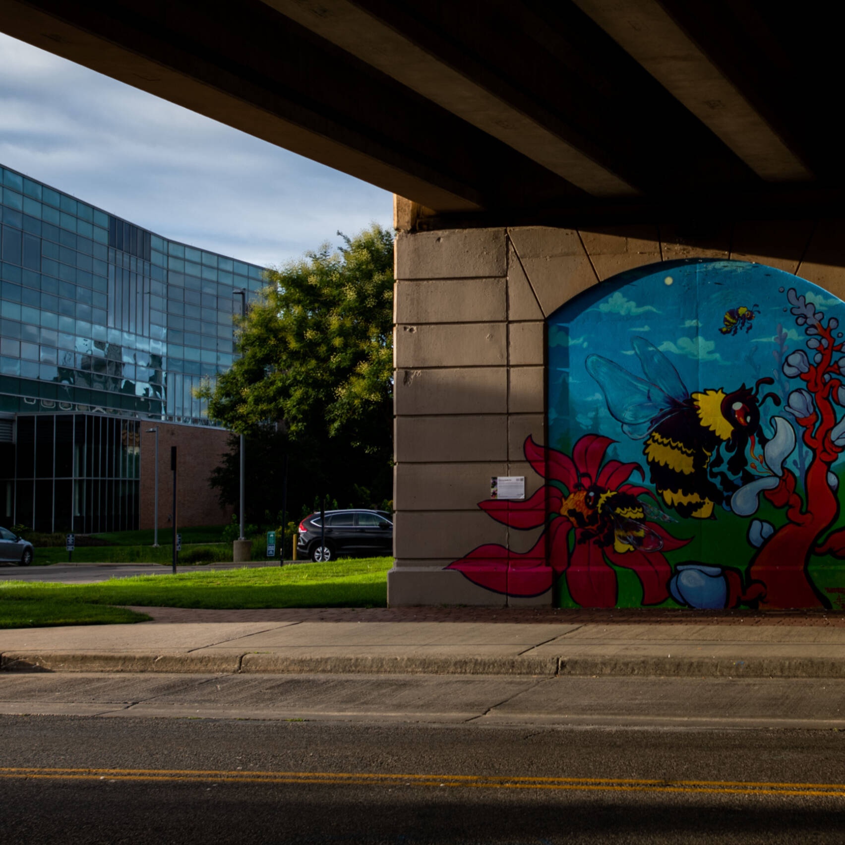 A pedestrian walks near new murals on the sidewalk that connects DeVos Center to Kennedy Hall of Engineering on Grand Valley’s City Campus during the first day of classes August 25.